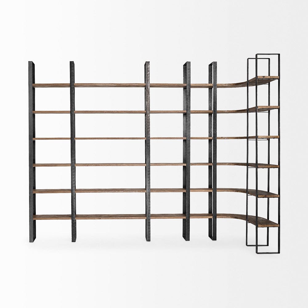 Mercana - Turner II 37L x 10.5W x 90H Curved Dark Brown Wood And Black Iron Six Shelving Unit - 50366-AB view 7