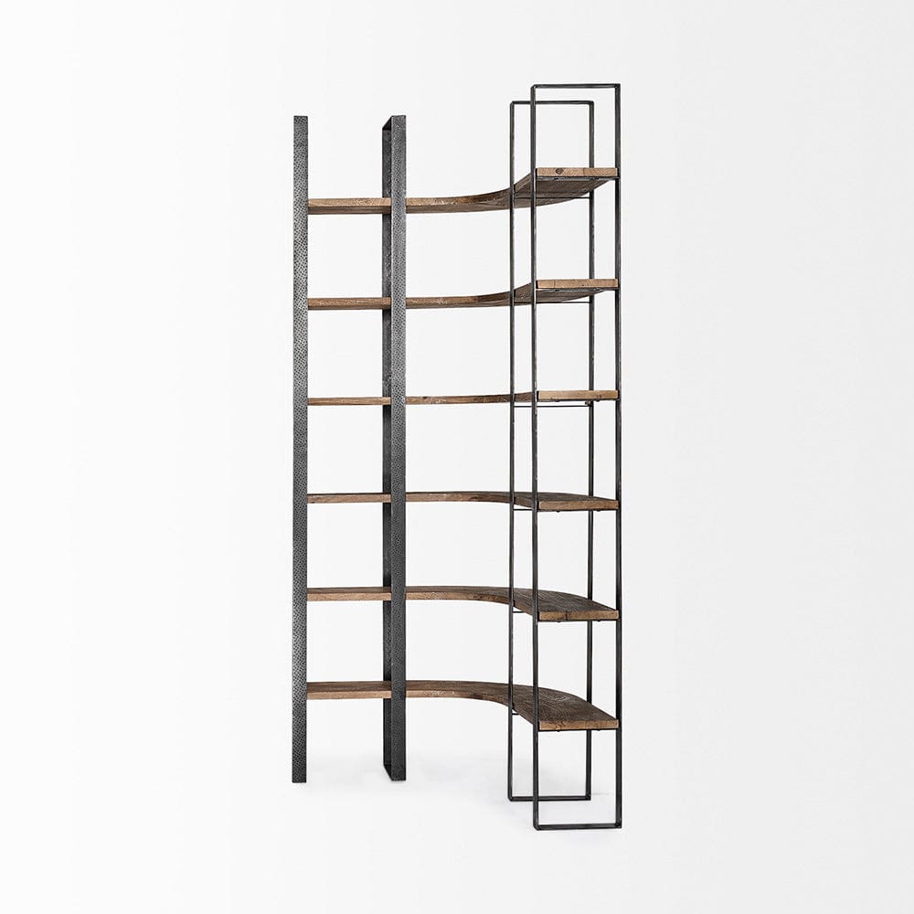 Mercana - Turner II 37L x 10.5W x 90H Curved Dark Brown Wood And Black Iron Six Shelving Unit - 50366-AB view 8