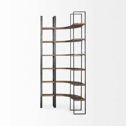 Mercana - Turner II 37L x 10.5W x 90H Curved Dark Brown Wood And Black Iron Six Shelving Unit - 50366-AB view 8