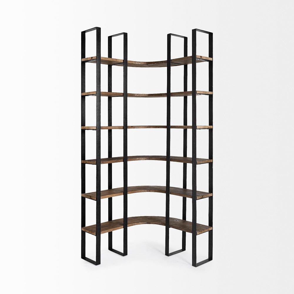 Mercana - Turner II 37L x 10.5W x 90H Curved Dark Brown Wood And Black Iron Six Shelving Unit - 50366-AB view 9