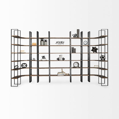 Mercana - Turner II 37L x 10.5W x 90H Curved Dark Brown Wood And Black Iron Six Shelving Unit - 50366-AB view 10
