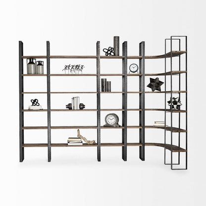 Mercana - Turner II 37L x 10.5W x 90H Curved Dark Brown Wood And Black Iron Six Shelving Unit - 50366-AB view 11