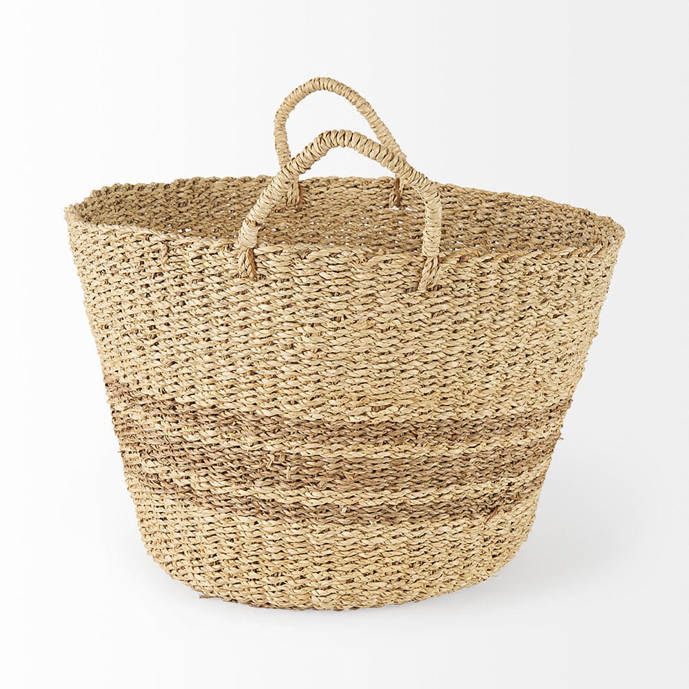 Mercana - Vance 17.7L x 17.7W x 11.8H Light Brown Palm Leaf and Seagrass Round Basket W/ Handles - 69587 view 3
