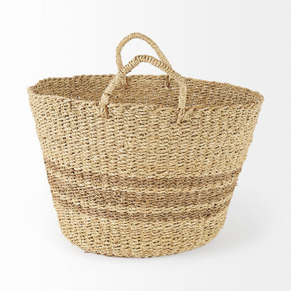 Mercana - Vance 17.7L x 17.7W x 11.8H Light Brown Palm Leaf and Seagrass Round Basket W/ Handles - 69587 view 3