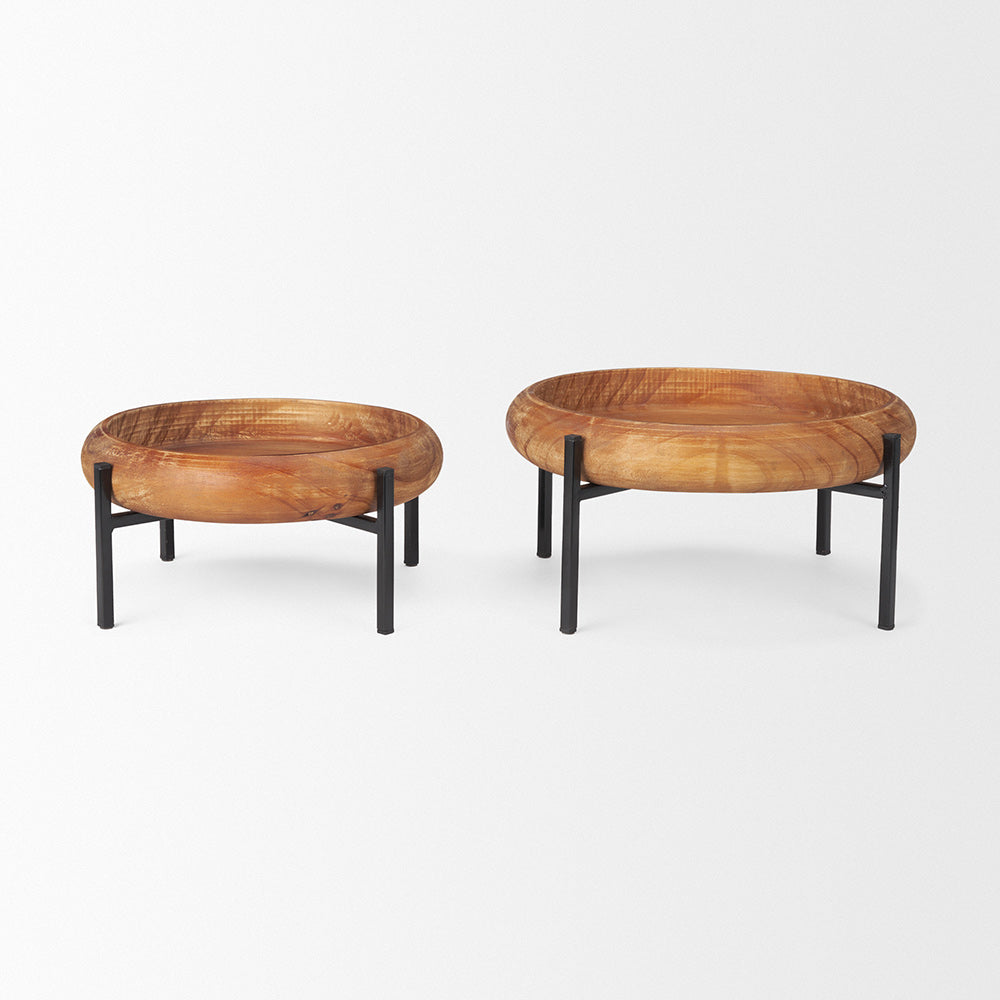 Mercana - Wally Round Medium Brown Wood w/ Matte Black Metal Stand Trays - 71047 view 2