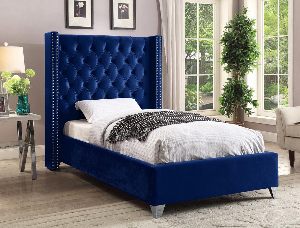 Meridian Furniture - Aiden Navy Velvet Twin Bed - AidenNavy-T veiw 2