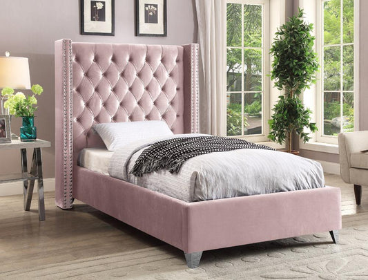 Meridian Furniture - Aiden Pink Velvet Twin Bed - AidenPink-T veiw 2