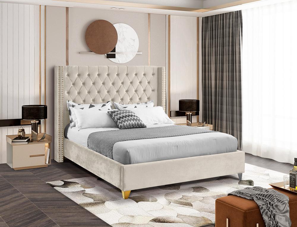 Meridian Furniture - Barolo Cream Velvet Queen Bed - BaroloCream-Q veiw 2