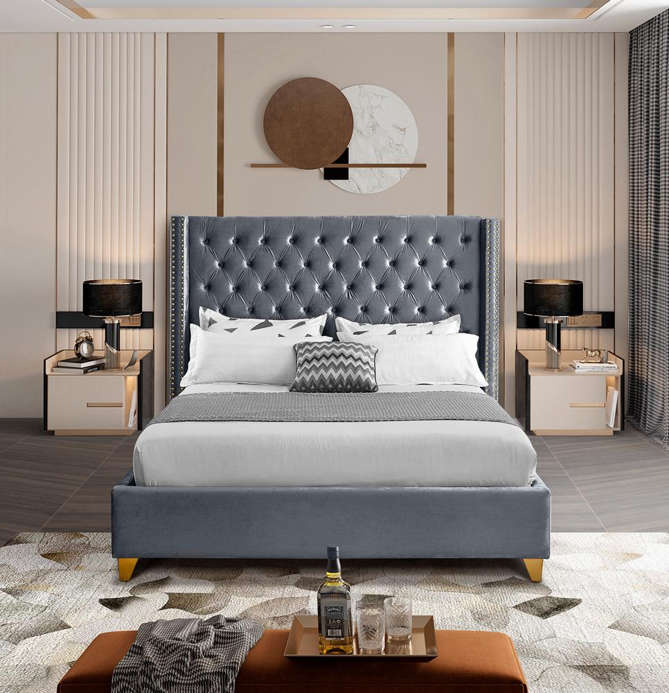 Meridian Furniture - Barolo Grey Velvet Queen Bed - BaroloGrey-Q veiw 4