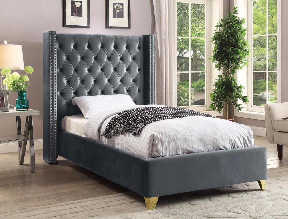 Meridian Furniture - Barolo Grey Velvet Twin Bed - BaroloGrey-T veiw 2
