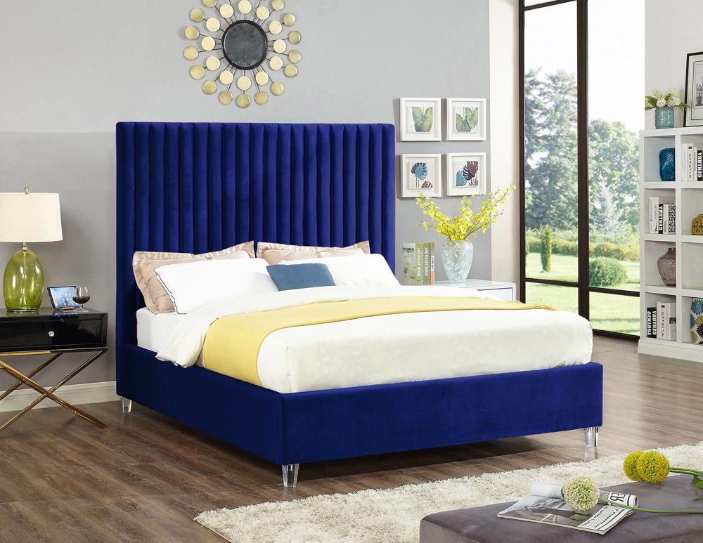 Meridian Furniture - Candace Navy Velvet Queen Bed - CandaceNavy-Q veiw 2