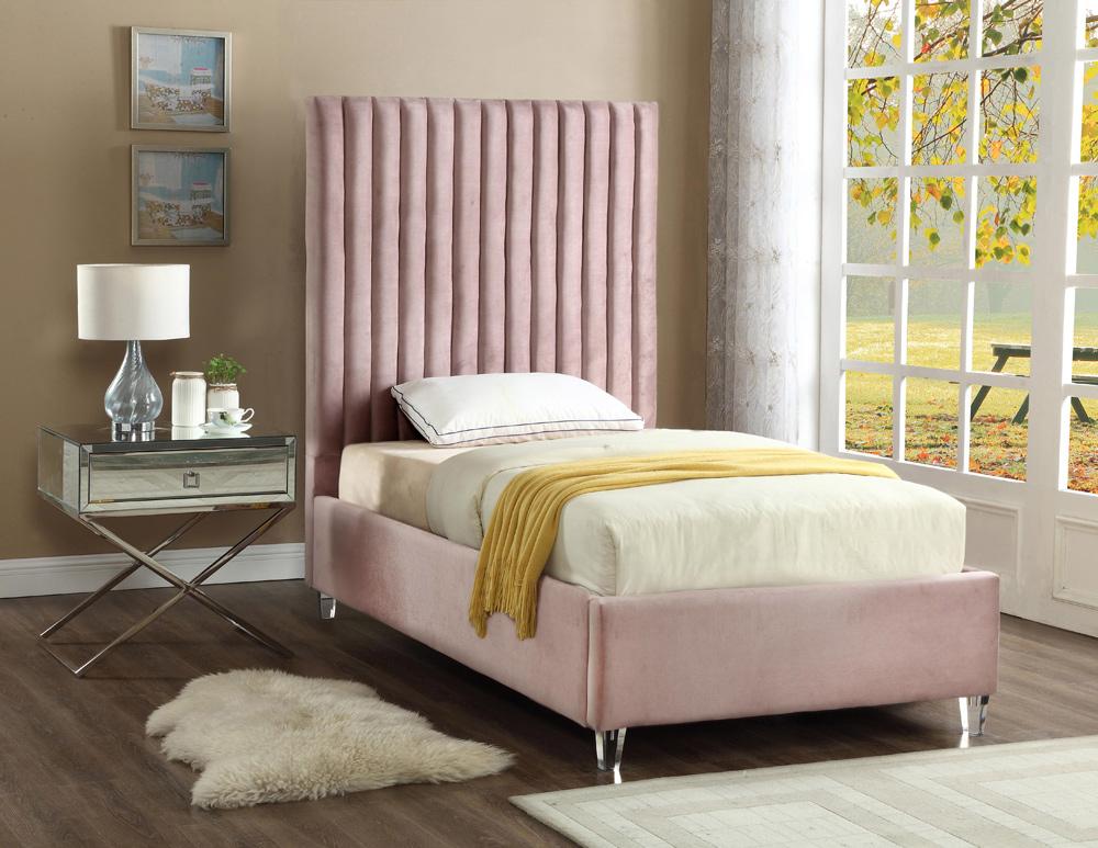 Meridian Furniture - Candace Pink Velvet Twin Bed - CandacePink-T veiw 2