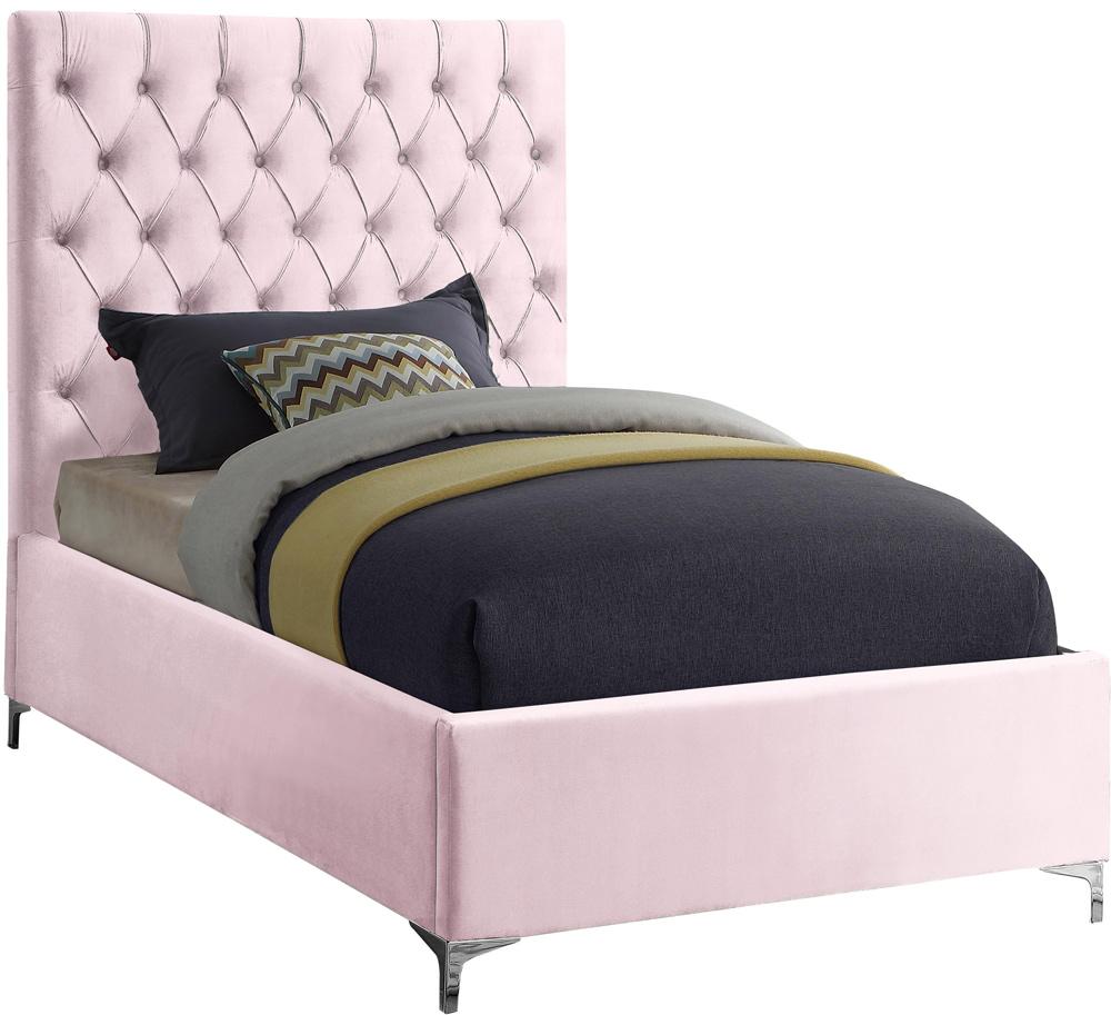 Meridian Furniture - Cruz Pink Velvet Twin Bed - CruzPink-T veiw 2