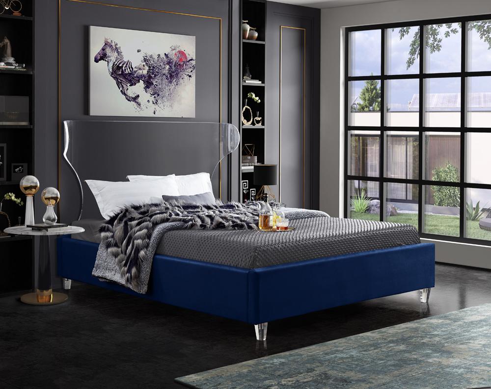 Meridian Furniture - Ghost Navy Velvet Queen Bed - GhostNavy-Q veiw 2