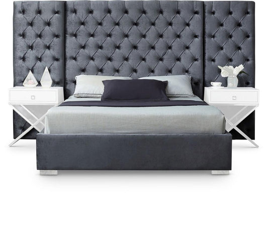 Meridian Furniture - Grande Grey Velvet Queen Bed - GrandeGrey-Q veiw 1