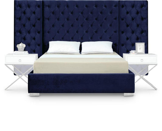 Meridian Furniture - Grande Navy Velvet Queen Bed - GrandeNavy-Q veiw 1