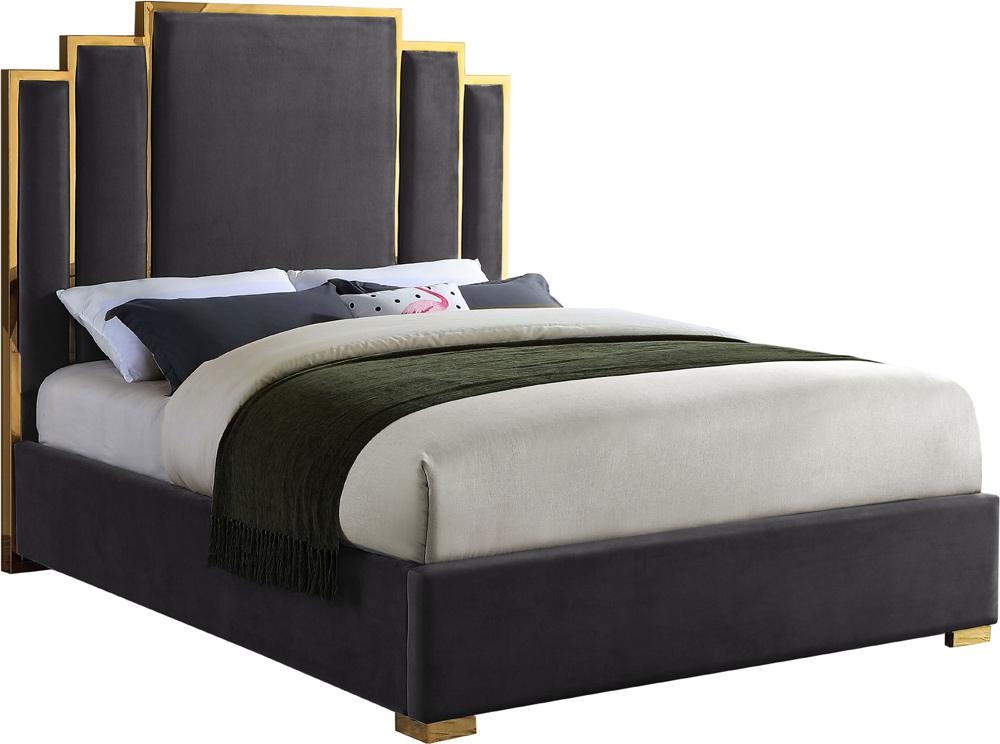 Meridian Furniture - Hugo Grey Velvet Queen Bed - HugoGrey-Q veiw 2