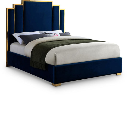 Meridian Furniture - Hugo Navy Velvet Queen Bed - HugoNavy-Q veiw 1