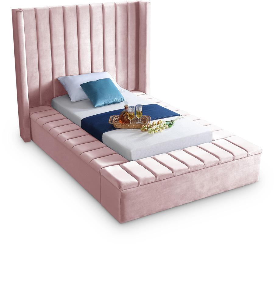 Meridian Furniture - Kiki Pink Velvet Twin Bed - KikiPink-T veiw 1