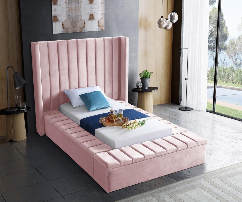 Meridian Furniture - Kiki Pink Velvet Twin Bed - KikiPink-T veiw 3