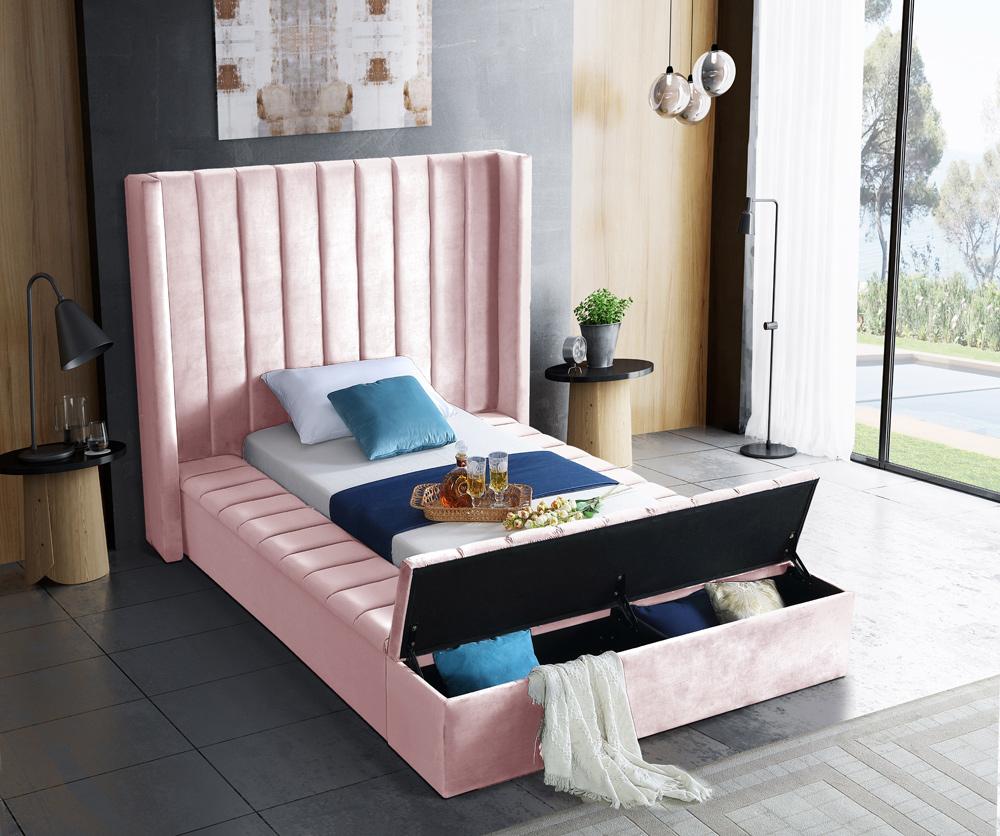 Meridian Furniture - Kiki Pink Velvet Twin Bed - KikiPink-T veiw 4