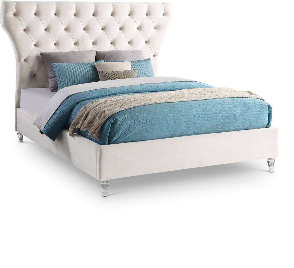 Meridian Furniture - Kira Cream Velvet Queen Bed - KiraCream-Q veiw 1