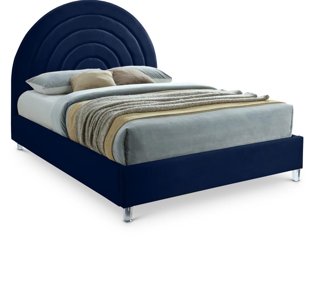 Meridian Furniture - Rainbow Navy Velvet Queen Bed - RainbowNavy-Q veiw 1