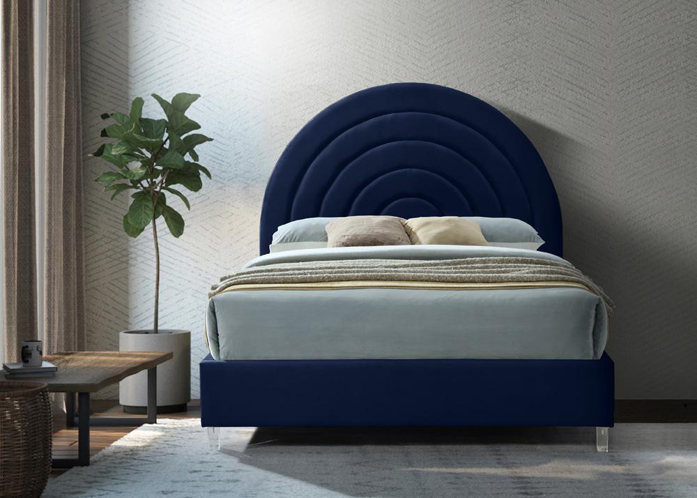 Meridian Furniture - Rainbow Navy Velvet Queen Bed - RainbowNavy-Q veiw 4