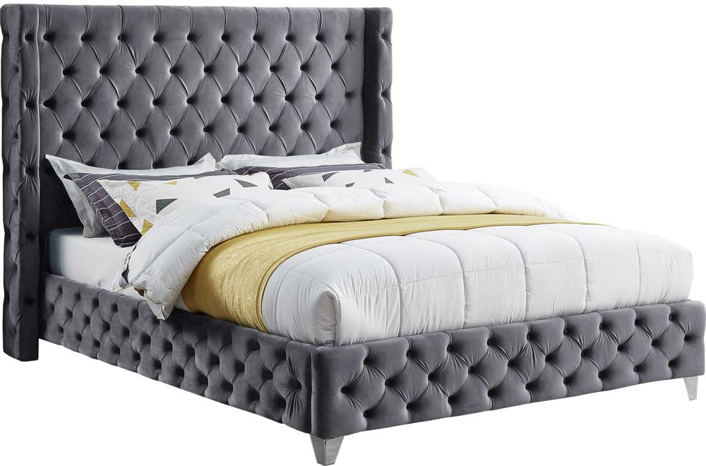 Meridian Furniture - Savan Grey Velvet Queen Bed - SavanGrey-Q veiw 2