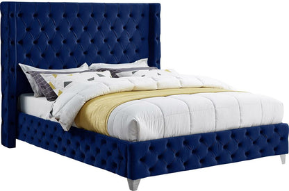 Meridian Furniture - Savan Navy Velvet Queen Bed - SavanNavy-Q veiw 2