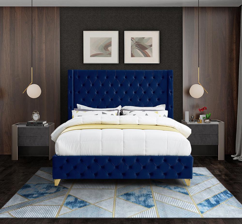 Meridian Furniture - Savan Navy Velvet Queen Bed - SavanNavy-Q veiw 7