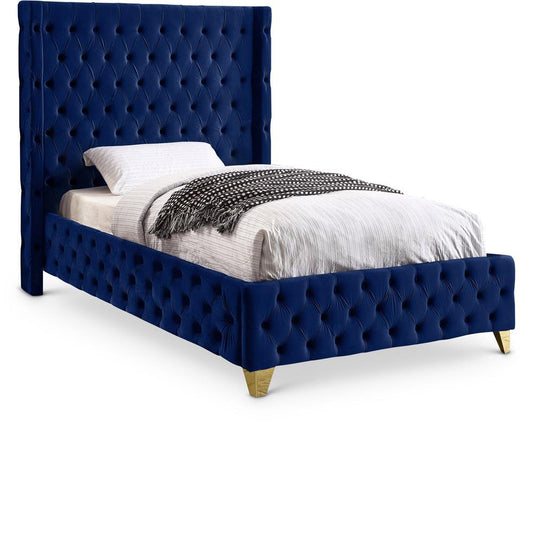 Meridian Furniture - Savan Navy Velvet Twin Bed - SavanNavy-T veiw 1