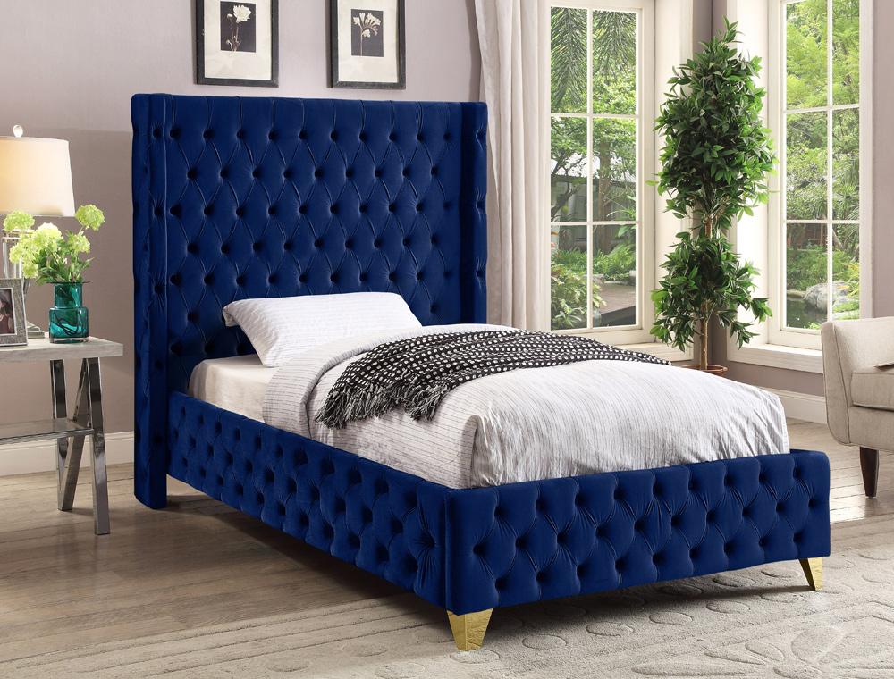 Meridian Furniture - Savan Navy Velvet Twin Bed - SavanNavy-T veiw 3