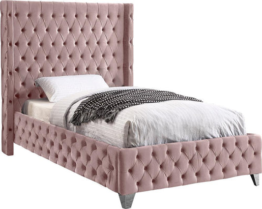 Meridian Furniture - Savan Pink Velvet Twin Bed - SavanPink-T veiw 1