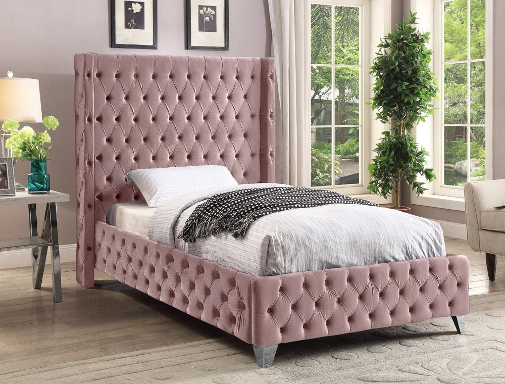 Meridian Furniture - Savan Pink Velvet Twin Bed - SavanPink-T veiw 3