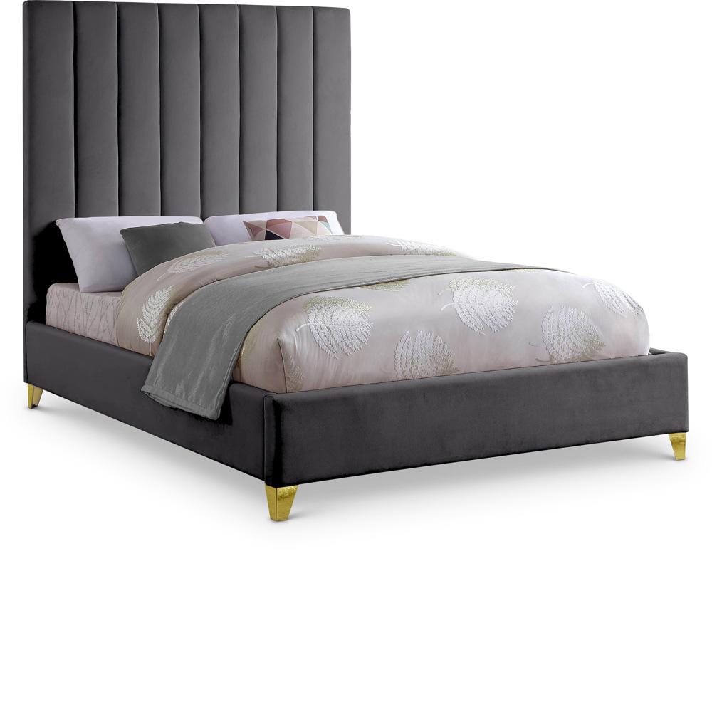 Meridian Furniture - Via Grey Velvet King Bed - ViaGrey-K veiw 1