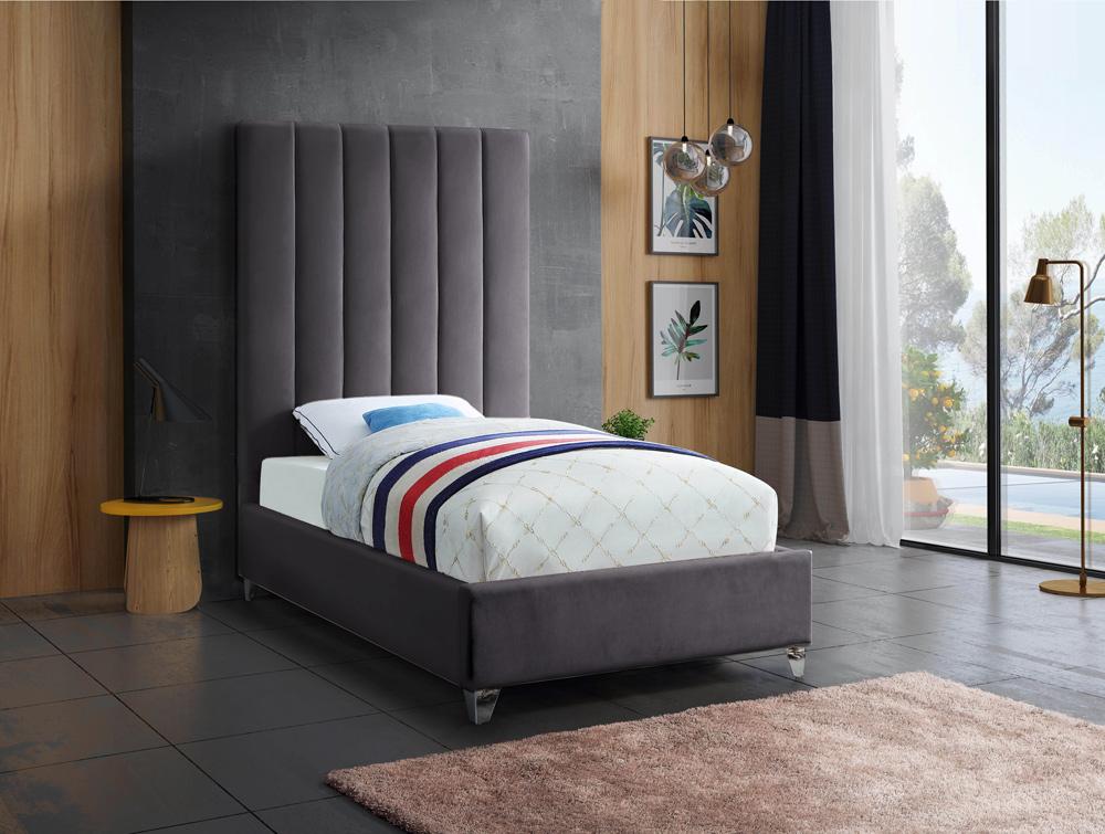 Meridian Furniture - Via Grey Velvet Twin Bed - ViaGrey-T veiw 3