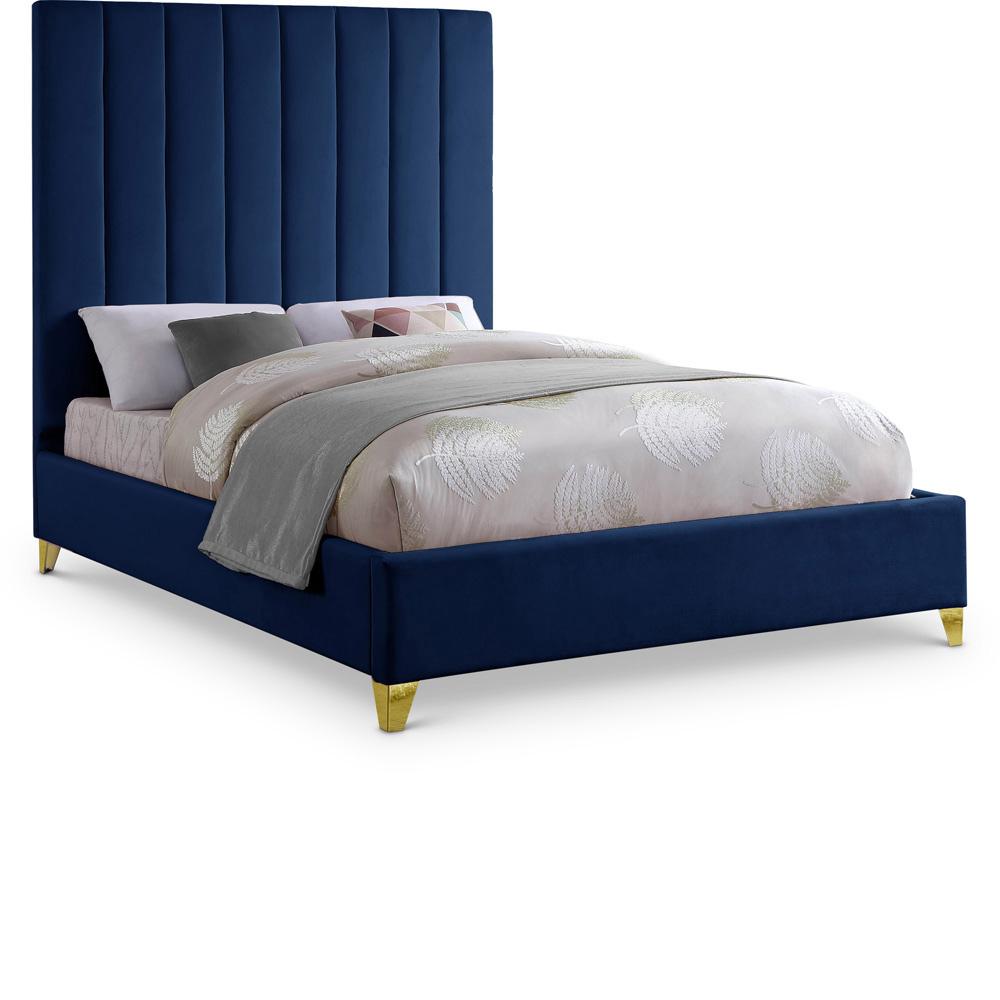 Meridian Furniture - Via Navy Velvet Queen Bed - ViaNavy-Q veiw 1