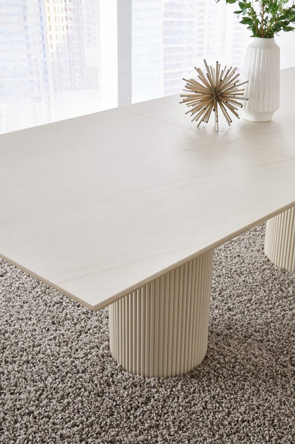 Modus Furniture - Cannon Stone Top Double Pedestal Extension Dining Table with Ivory Wood Base - PWSV60 view 5
