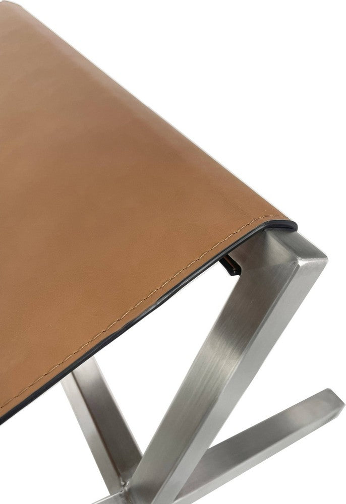 Modus Furniture - One Modern Coastal Director's Style Leather Dining Bench in Cognac and Brushed Stainless Steel - JVHH65 view 3
