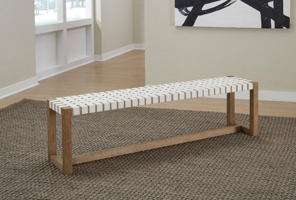 Modus Furniture - One Woven Leather and Solid Wood Dining Bench in White and Bisque - JVLH71W view 4