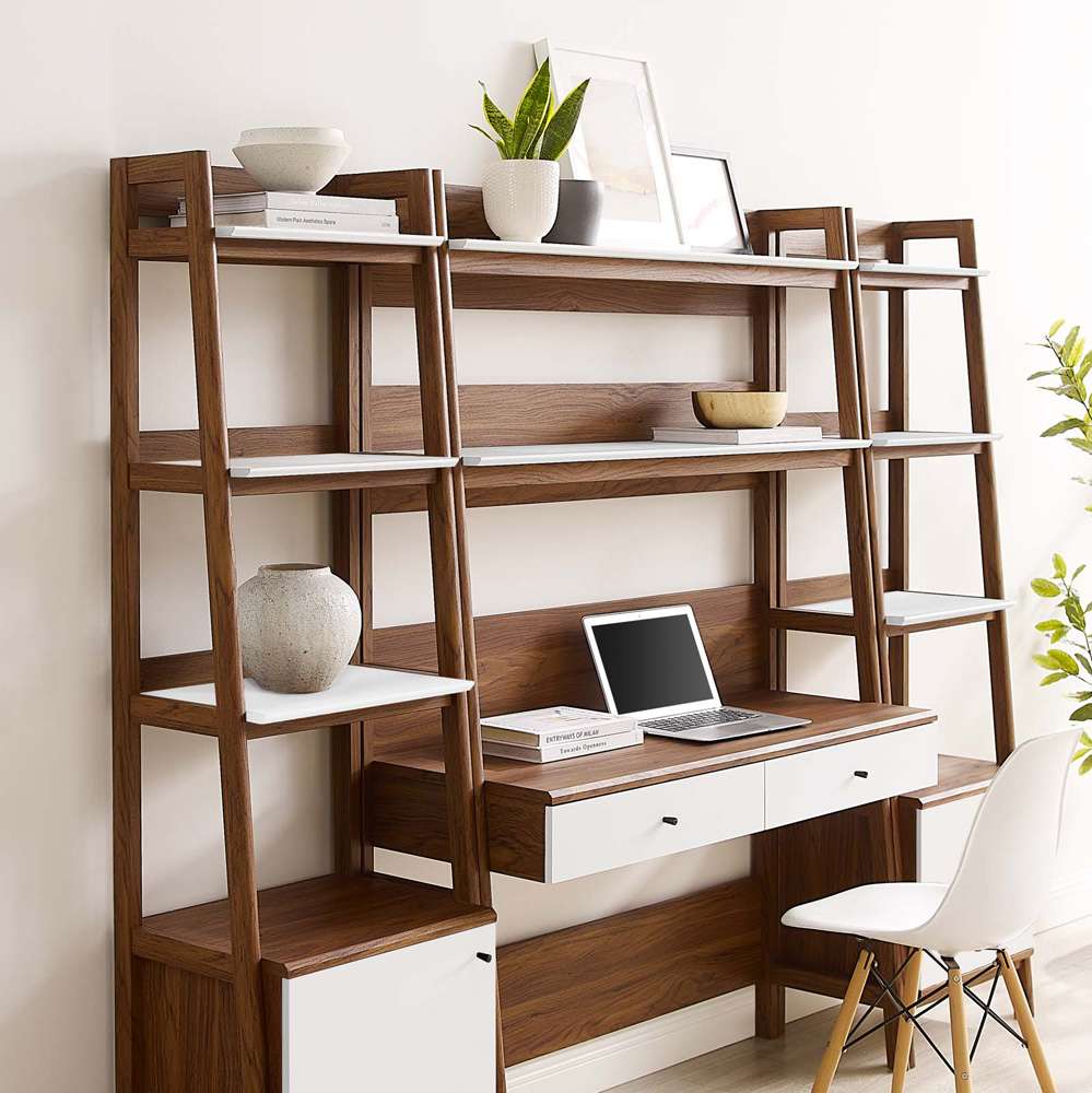 Modway - Bixby 3-Piece Wood Office Desk and Bookshelf in Walnut White - EEI-6114-WAL-WHI veiw 4