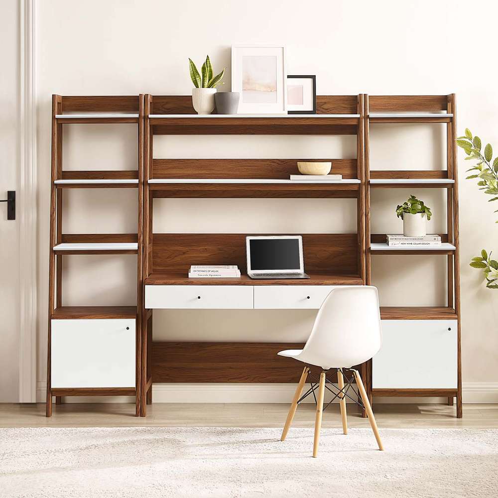 Modway - Bixby 3-Piece Wood Office Desk and Bookshelf in Walnut White - EEI-6114-WAL-WHI veiw 5