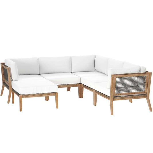 Modway - Clearwater Outdoor Patio Teak Wood 6-Piece Sectional Sofa - EEI-6124-GRY-WHI veiw 2