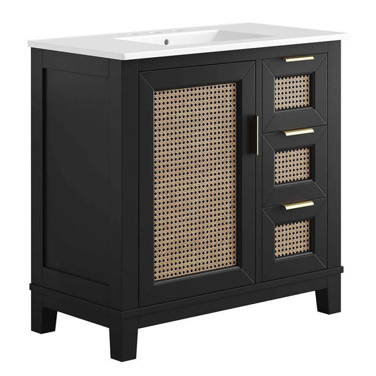 Modway - Dixie 36in Solid Wood Bathroom Vanity Cabinet - EEI-6725-BLK-WHI veiw 2