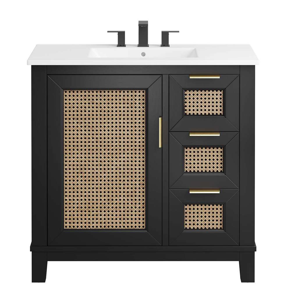 Modway - Dixie 36in Solid Wood Bathroom Vanity Cabinet - EEI-6725-BLK-WHI veiw 5