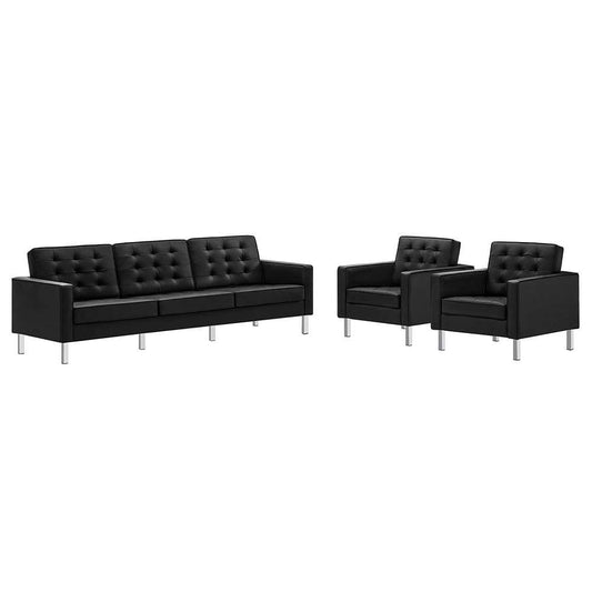 Modway - Loft Tufted Vegan Leather 3-Piece Furniture Set in Silver Black - EEI-4105-SLV-BLK-SET veiw 1