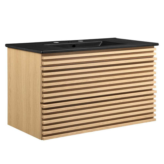 Modway - Render 36in Wall-Mount Bathroom Vanity - EEI-5395-OAK-BLK veiw 2