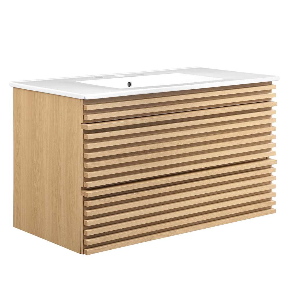 Modway - Render 36in Wall-Mount Bathroom Vanity - EEI-4436-OAK-WHI veiw 2