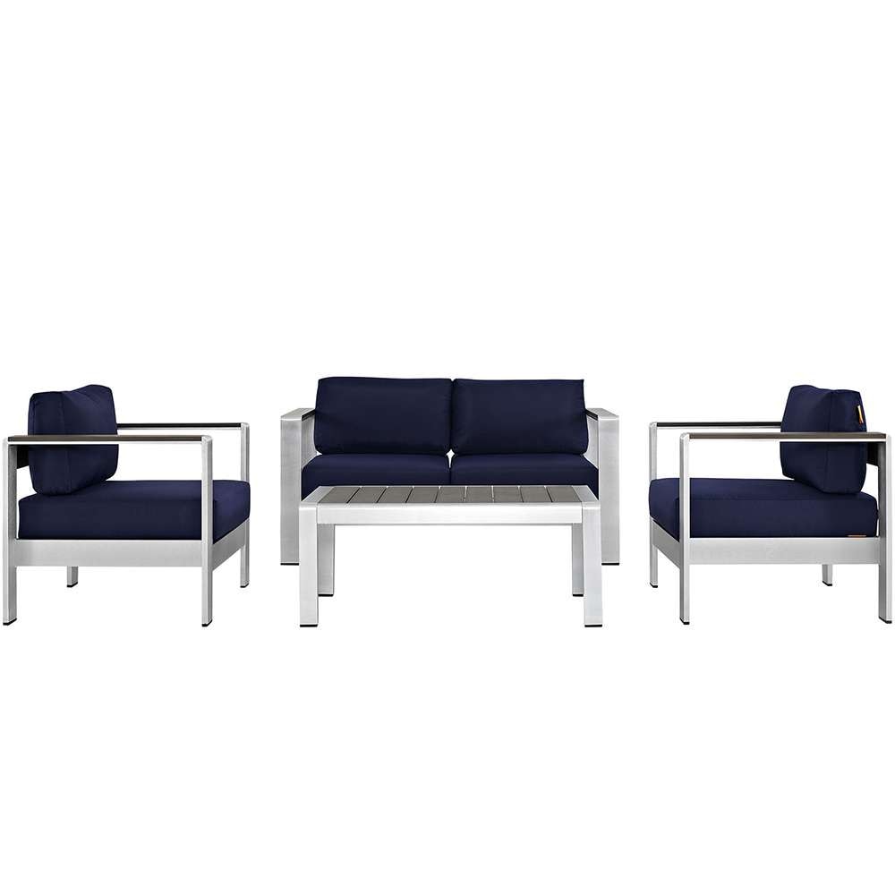 Modway - Shore 4 Piece Outdoor Patio Aluminum Sectional Sofa Set - EEI-2567-SLV-NAV veiw 1
